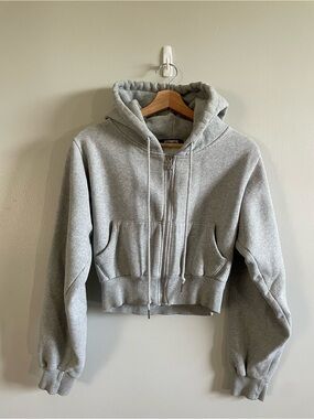 Cropped Gray Zip-Up Hoodie Jacket - Korean Brand